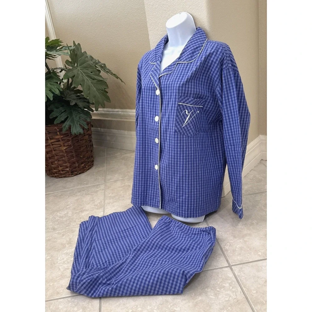 VTG Victoria's Secret Pajama Set Blue Plaid Sz L Long Sleeve Y2K 1999 Monogram